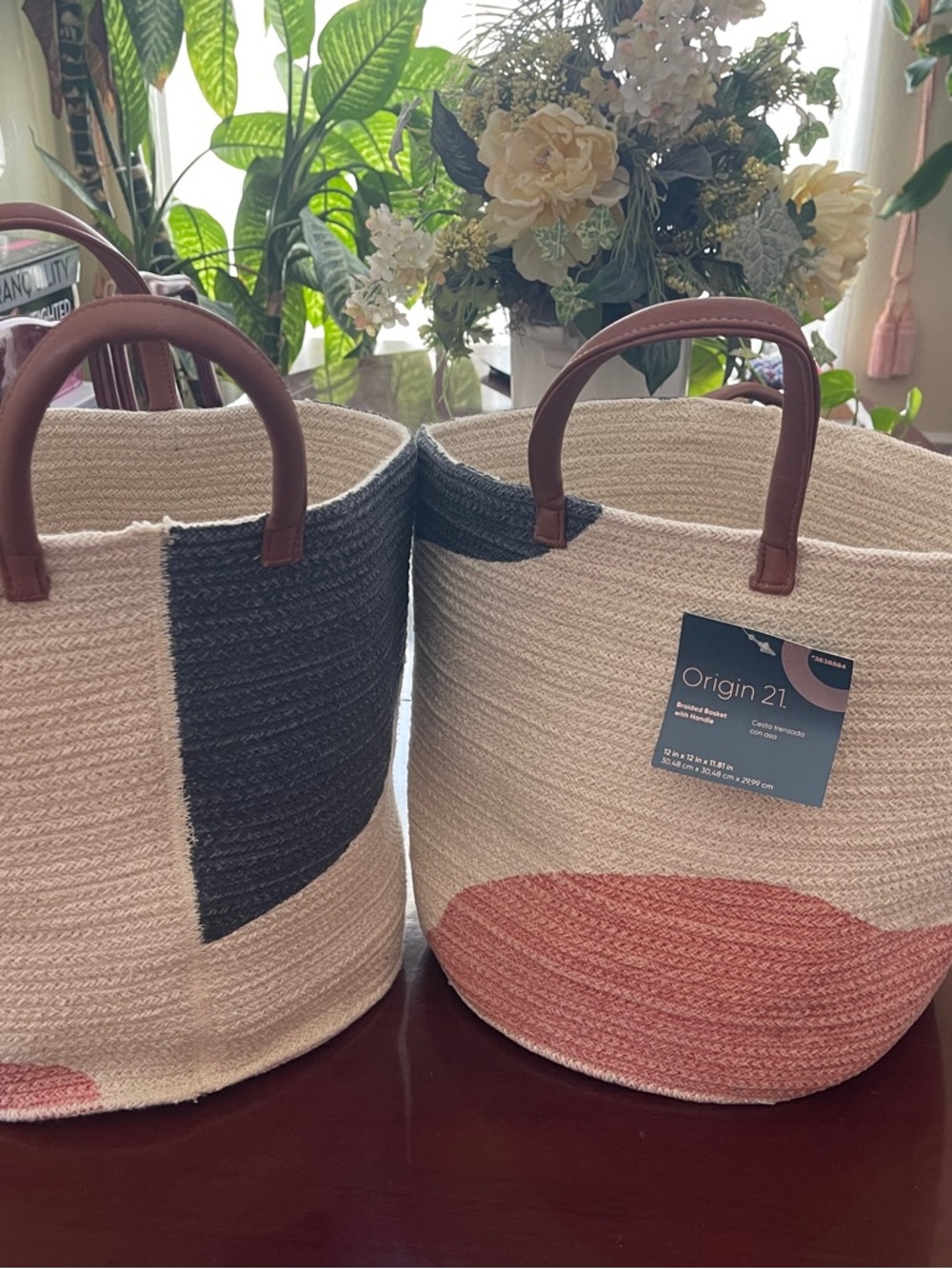 Origin 21 Two-Tone Woven Storage Baskets with Brown Handles Cream, Black & Pink